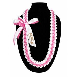 Pink and White Graduation Lei – Class of 2026 Ribbon Lei